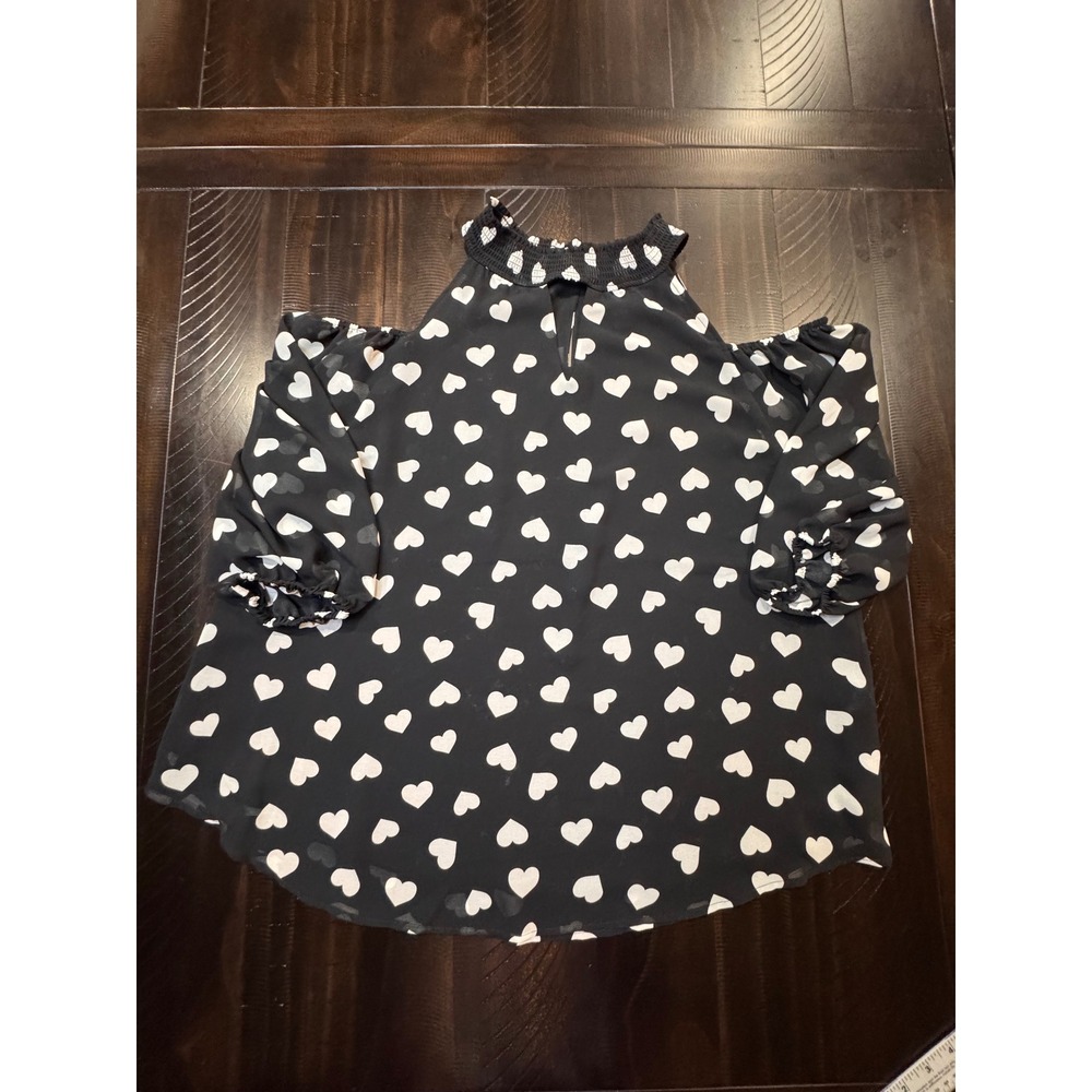 Cato Black White Heart Print Cold Shoulder Blouse Smocked Neck Top Large
